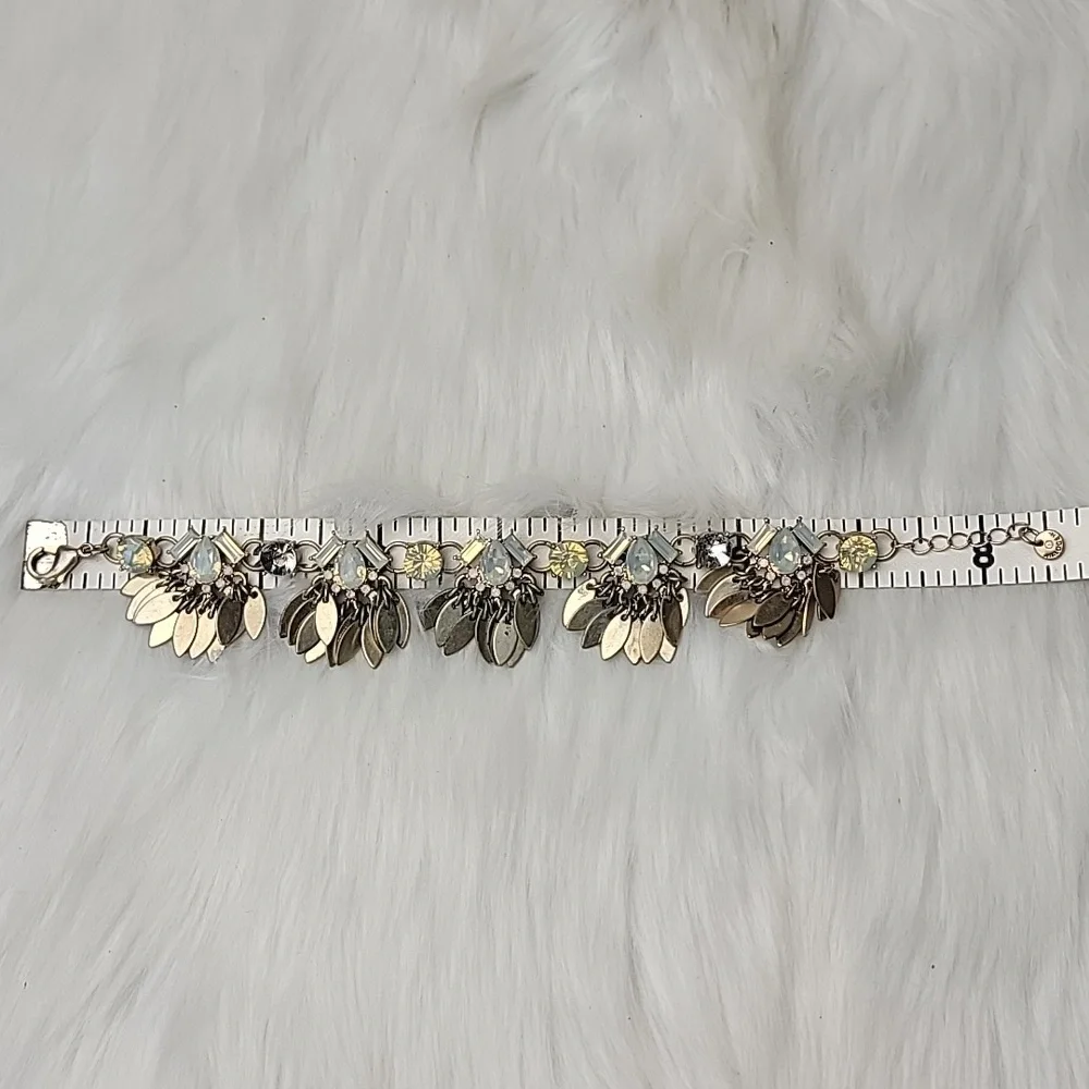 HALOGEN Opalescent Iridescent Glass Brass Tone Leaf Tassel Boho Fashion Bracelet
